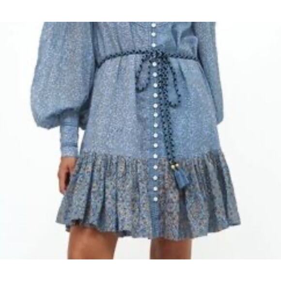 Oliphant Boho Romantic Fit & Flare XS Blue Floral Gold Print Belted Dress - Picture 9 of 9